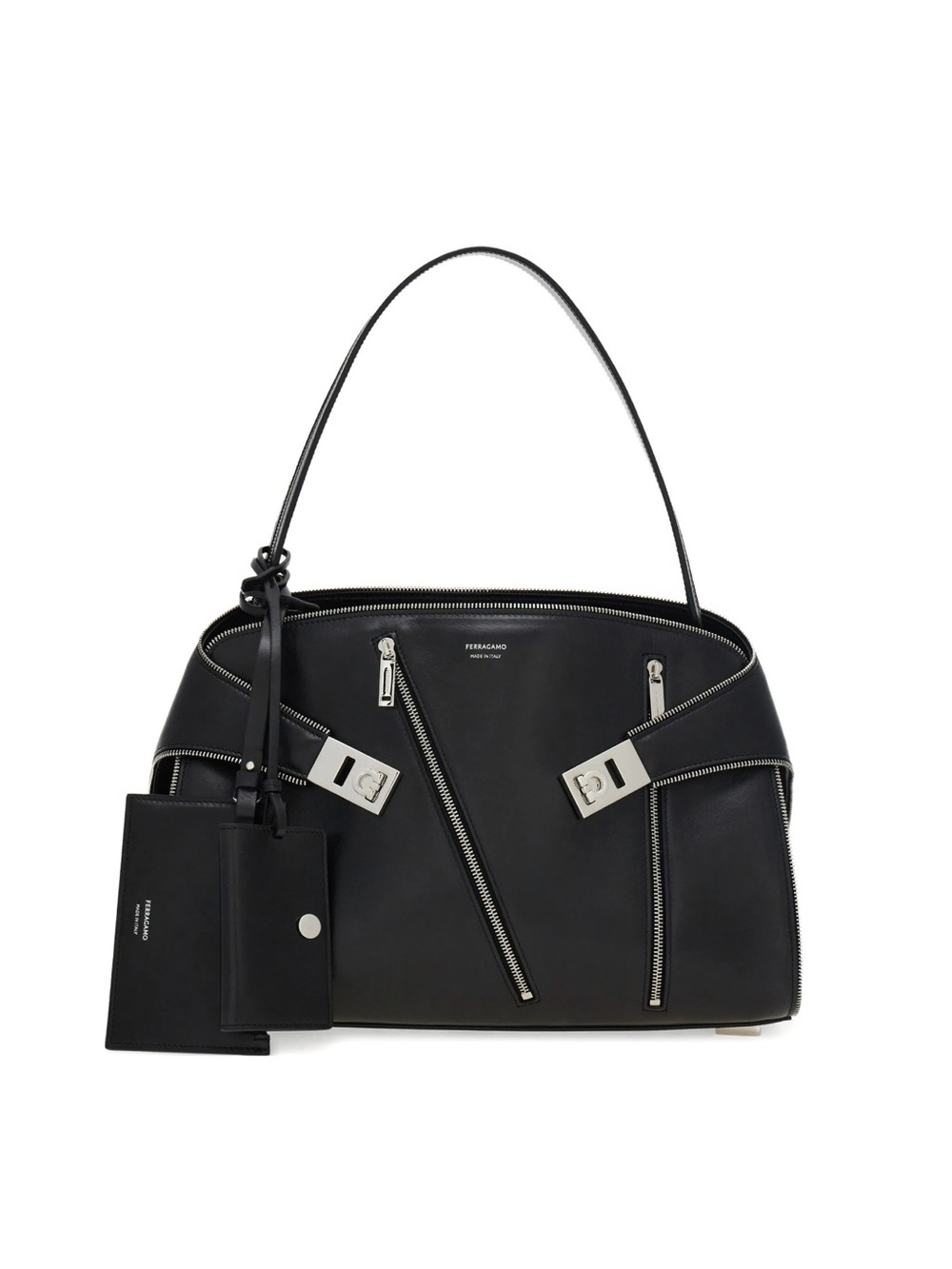 Salvatore Ferragamo Black Leather Zip-Detail Shoulder Bag